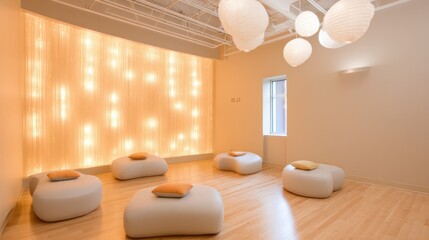 Wellness meditation room interior with warm fairy lights and pouf seating for spa relaxation, for design poster background and wellness branding