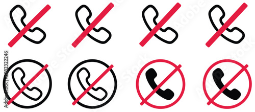 Telephone Use Prohibition Icon Collection Representing No Calling Mobile Restriction Communication Ban and Safety Sign Concepts