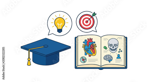 Educational concept with graduation cap open anatomy textbook and icons of innovation and goals for academic achievement and medical science study success