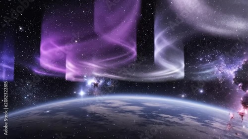 Earth from space with ethereal purple aurora lights and stars