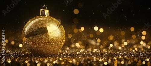 A shiny gold Christmas ornament sits on a bed of sparkling glitter against a dark background with scattered lights.