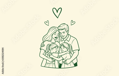 Photos Family Hug Line Art Illustration with Parents and Children Together with Love He