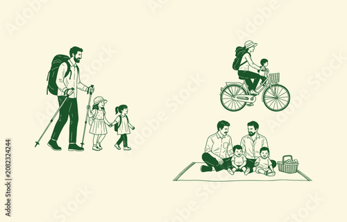 Minimalist Family Outdoor Activities Illustration Set with Hiking, Cycling, and Picnic Scenes
