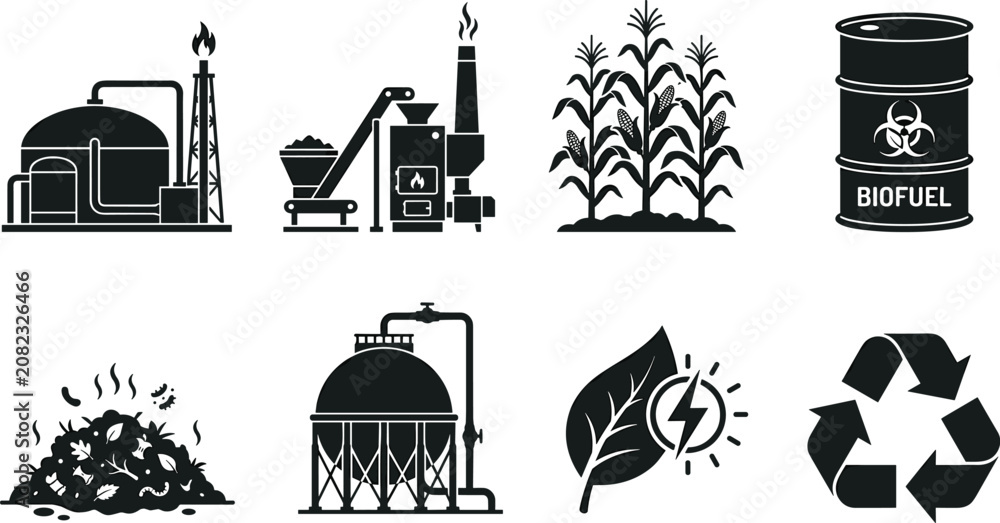 Fototapeta premium Renewable energy and sustainability icons set with biogas, biomass, biofuel, compost, recycling, and green power illustration