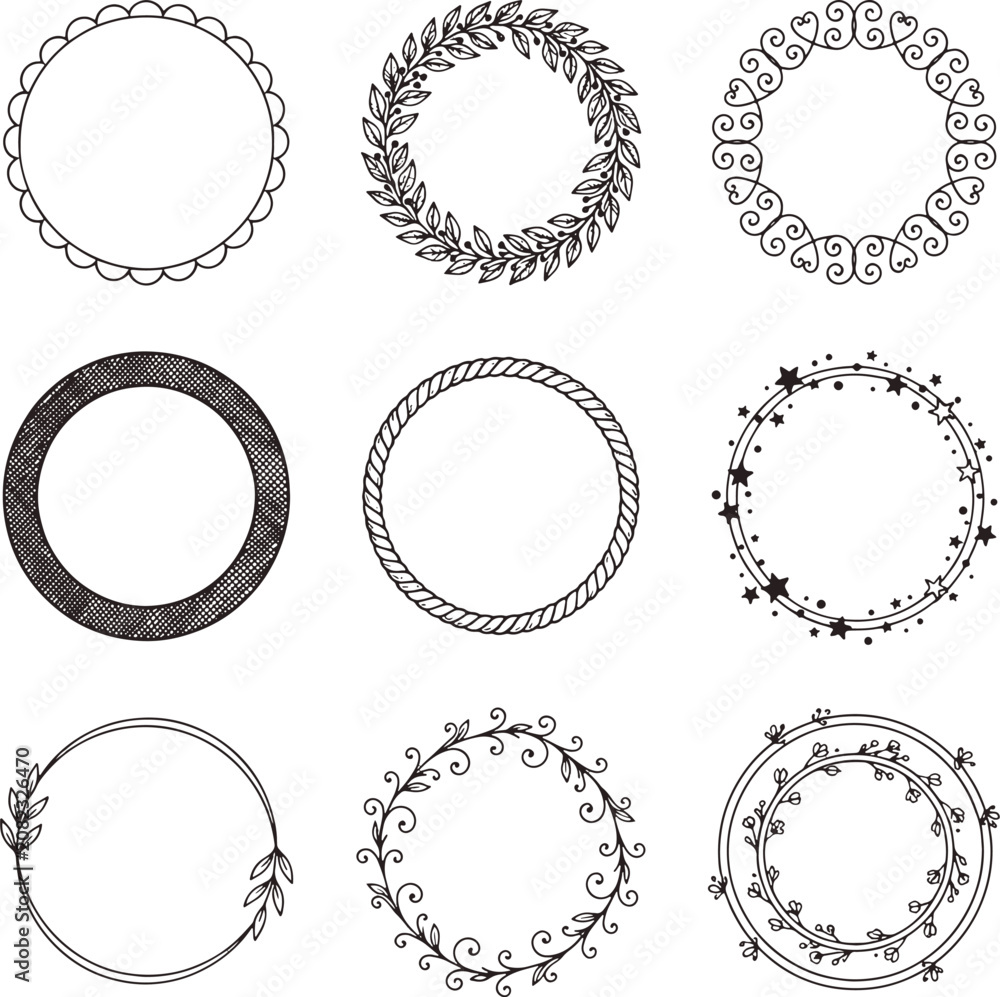 Fototapeta premium Collection of nine circular frames and wreaths with floral and geometric patterns decorative geometric illustration ornament collection template monochrome decoration invitation