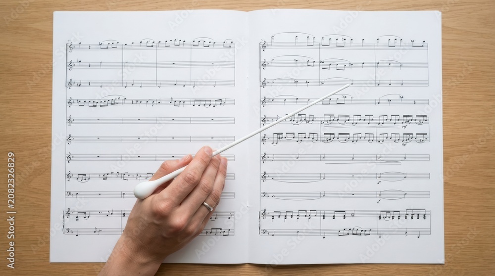 Obraz premium Hand holding a white stick while playing an open book of sheet music