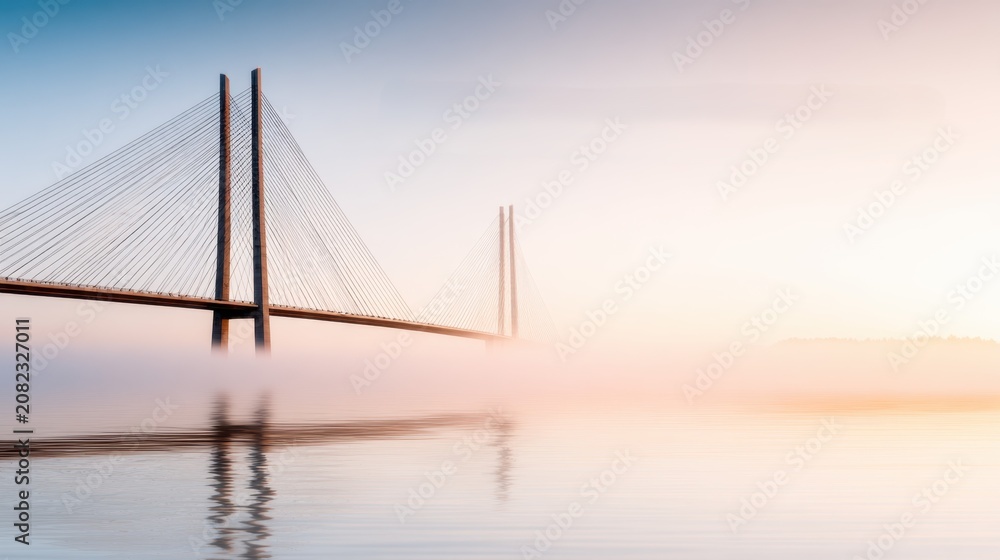 Obraz premium Cable bridge rising through morning fog at sunrise with water reflection for travel poster and architectural background design in soft pastel tones