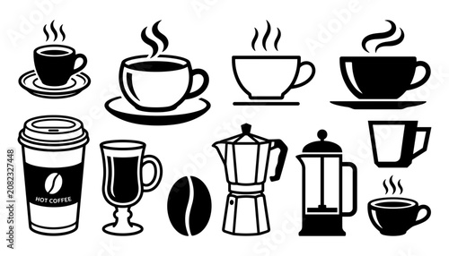 Foto Coffee Cups and Coffee Makers Icon Set with Hot Steam Symbols for Cafe Beverage