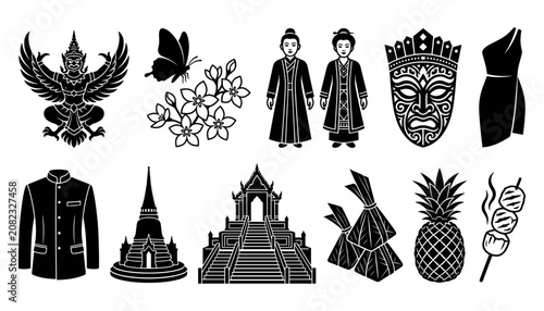 Fotografie Church, Pyramid, Crown, Kimono, and Other Ceremonial Icon Silhouettes on White B
