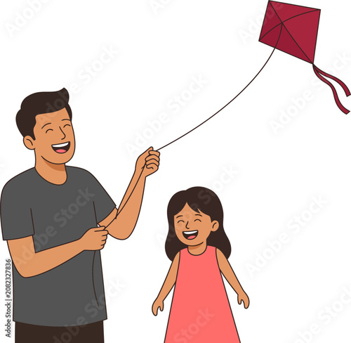 Father and daughter flying a kite, outdoor family fun