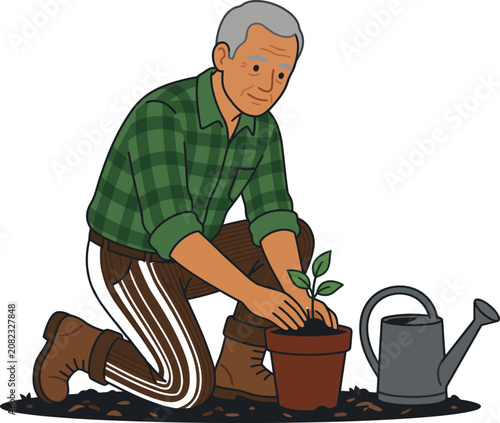 Senior man carefully planting a small seedling into a pot, enjoying his hobby