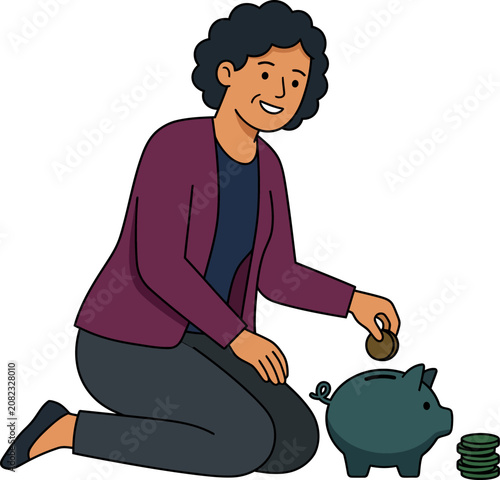 Happy Woman Depositing Coin into Piggy Bank for Savings