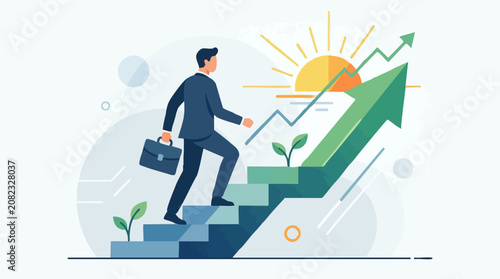 Businessman climbing stairs symbolizing career growth and financial progress