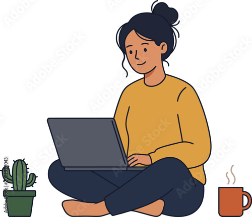 Young Woman Working Remotely with Laptop and Coffee