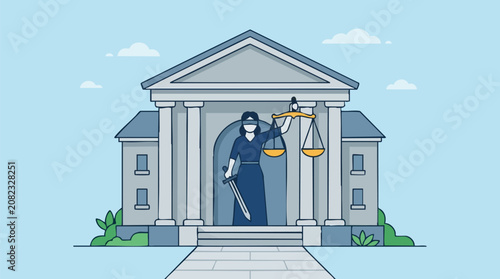 Lady Justice in front of a courthouse, representing legal system and fairness
