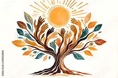 Stylized illustration of a tree whose branches transform into hands reaching for the sun, conveying community