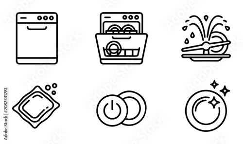 Dishwasher appliance icons set, kitchen cleaning, home care