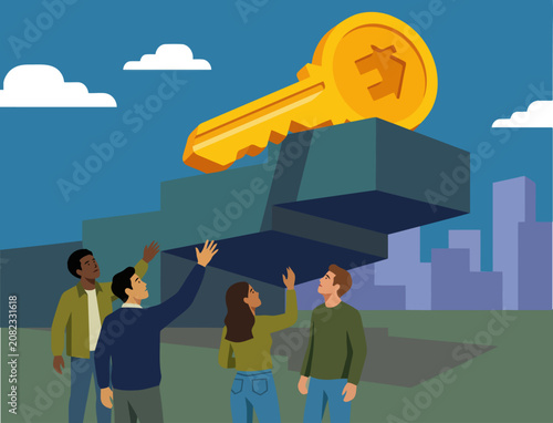 Obraz na plátne Diverse group reaches for a key unlocking homeownership dreams