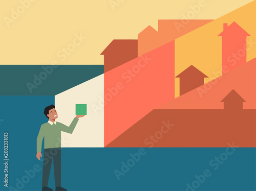 Принти на полотні A man observes a diverging trend of housing price appreciation versus wage growth