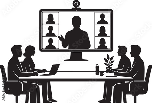 Group of people in a virtual meeting on computer screen in office setting