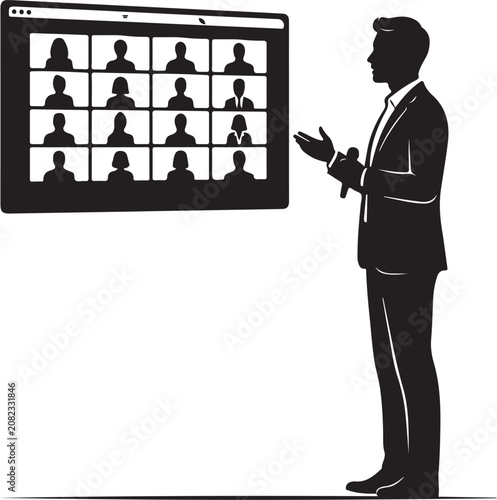 Man in business suit presenting to virtual meeting on computer screen with many people