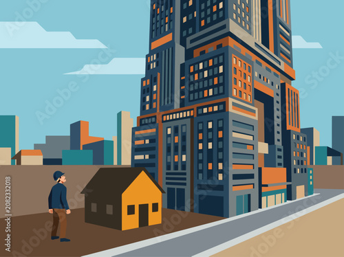 Foto A towering skyscraper dominates a cityscape, contrasting with a small, humble dwelling