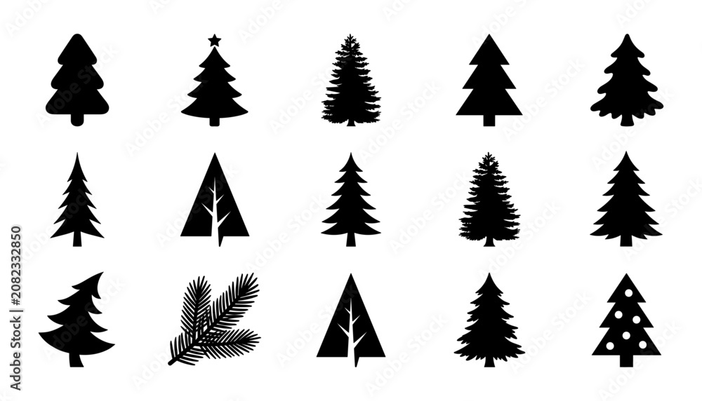 Obraz premium Tree Icons Set of Evergreen Silhouettes with Varied Shapes and Textures for Holiday and Winter Design