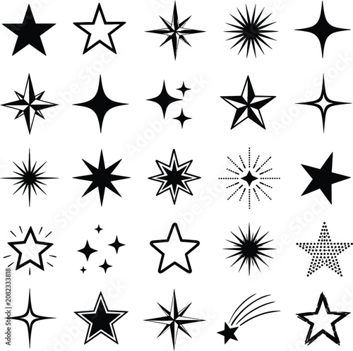 Variety of black star icons and sparkle elements collection