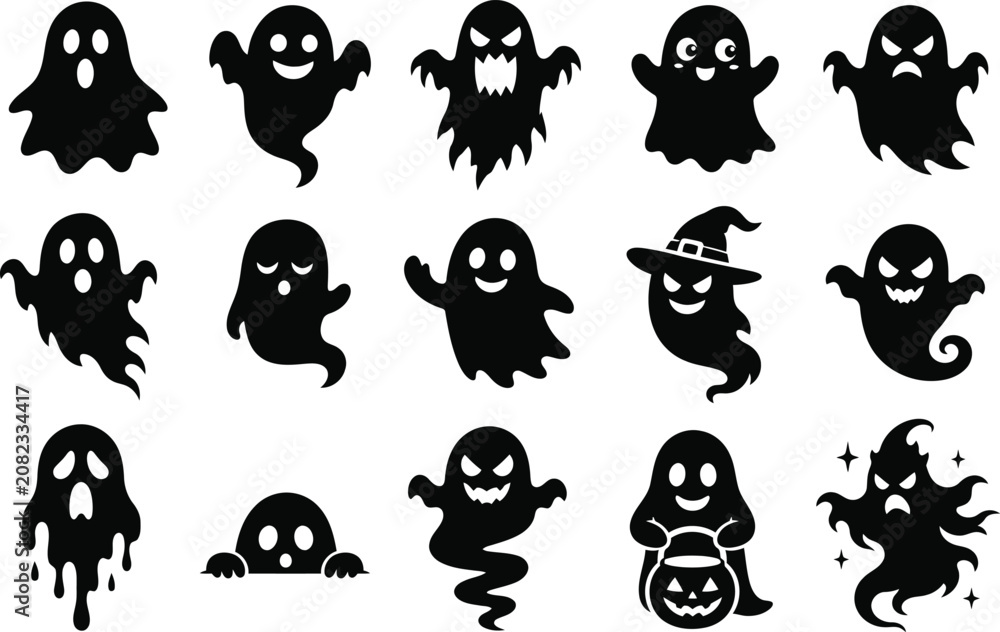 Obraz premium Ghost Silhouette Icon Set Black Shapes On White Background For Halloween Designs