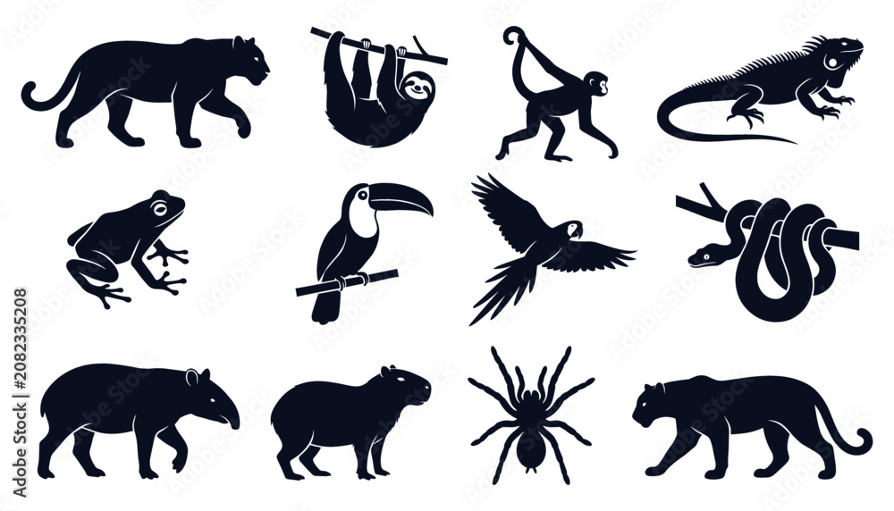 Obraz premium Wild Animal Icons Set with Black Silhouettes, Including Bear, Wolf, Toucan, Lizard, Snake, and Birds in Vector Style
