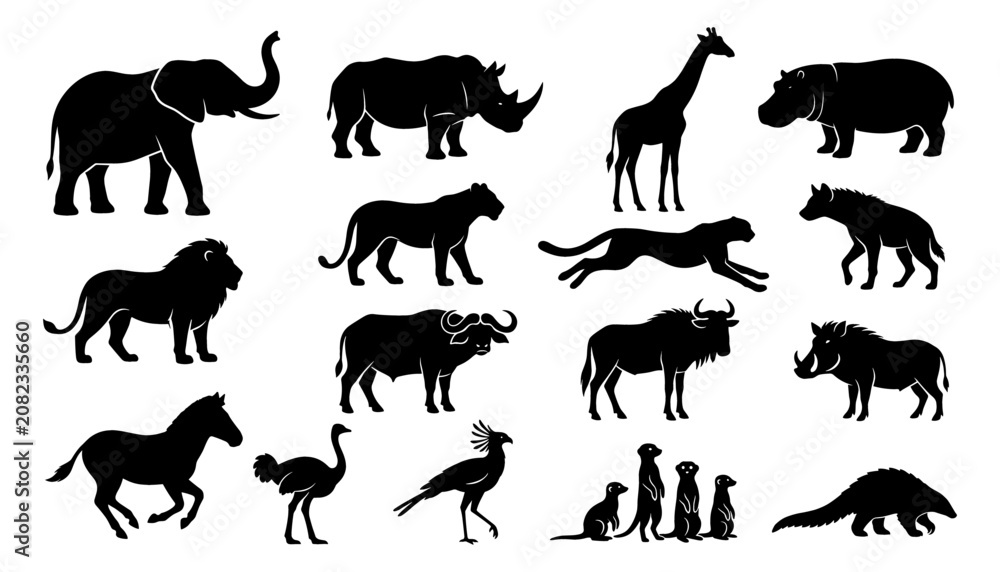 Fototapeta premium Animal Silhouettes Set with Wild Creatures Including Elephants, Rhinos, Lions, Dogs, Cats, and Birds in Vector Style