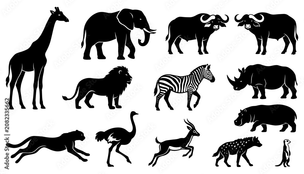 Obraz premium Wildlife Animal Silhouette Set with Elephants, Zebras, Giraffes, Lions, Hyenas, and Various Forest Savanna Icons