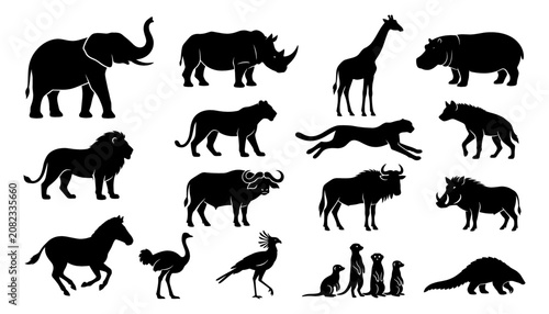 Fotografie Animal Silhouettes Set with Wild Creatures Including Elephants, Rhinos, Lions, D