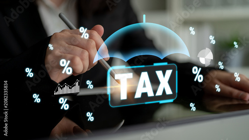 Schilderij op canvas Business Person Managing Tax Information with Digital Interface Featuring Percentages and Tax Symbol