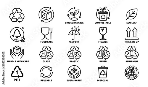 Photos Eco Packaging and Recycling Symbol Icon Set Featuring Sustainable, Biodegradable