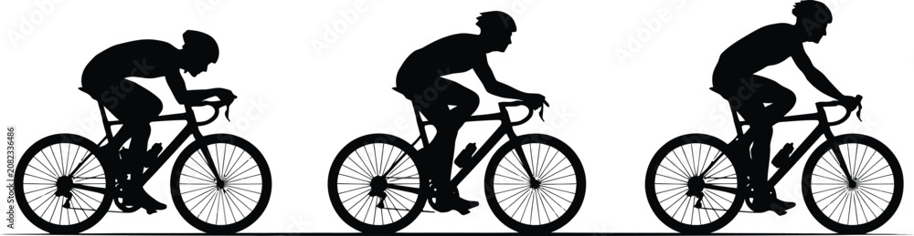 Fototapeta premium Silhouette of cyclists in different riding positions on bicycles