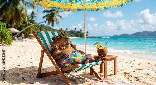 Relaxed capybara lounging on a ocean beach chair under umbrella enjoying a tropical cocktail.