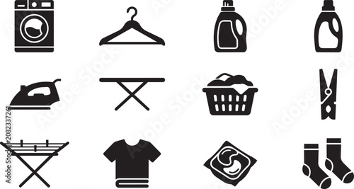 Fotografie Laundry icons, cleaning symbols, washing signs, 12pcs vector set