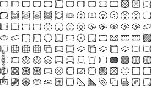 Bild auf Leinwand Pillow and Cushion Line Icon Set Featuring Neck Travel Pillows, Throw Cushions,