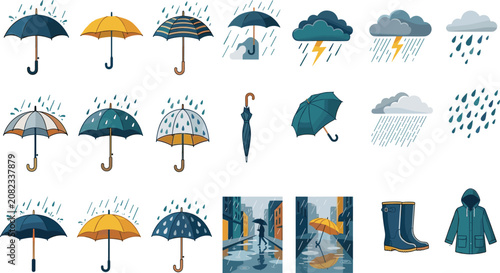 Canvastavla Rainy Season Flat Vector Illustration Set Featuring Umbrellas, Clouds, Raindrops