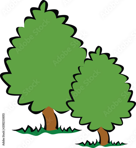 Cute Cartoon Green Trees Pair Standing on Grass Vector Illustration