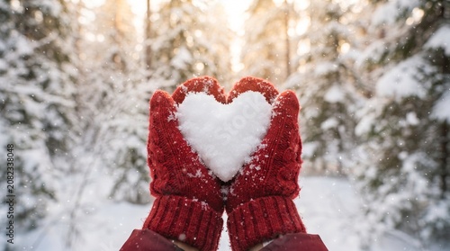 Hands in Red Knitted Mittens Holding Heart Shaped Snow Mound, Cozy Winter Forest Scene with Warm Sunlight
