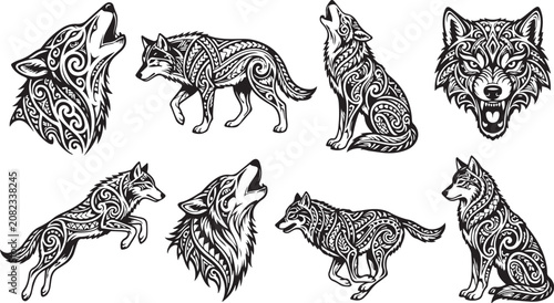 Cuadro en lienzo Set of black and white wolf illustrations with tribal patterns and decorative or