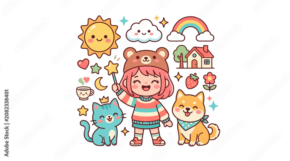 Naklejka premium Cute Kawaii Girl with Dog, Cat, Sun, Rainbow, House