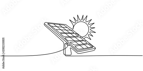 Obraz na płótnie Continuous Line Drawing of Solar Panel with Sun Renewable Energy Illustration