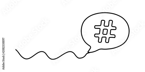 Hand drawn doodle speech bubble with a hashtag symbol inside connected to a wavy line representing social media communication and digital networking