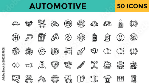 Automotive industry and car repair thin line vector icon set featuring vehicle diagnostics parts garage tools and engine symbols.