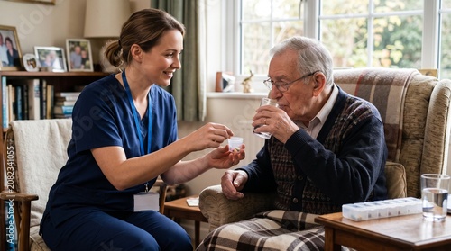 Caring nurse gives medication to elderly man in armchair at home