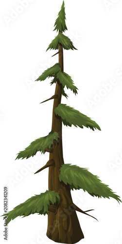 Tall Cartoon Pine Tree with Green Branches and Brown Trunk Vector Illustration