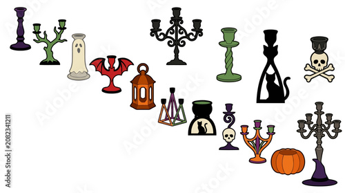 Foto Hand drawn halloween candle holders and lanterns arranged in a diagonal composition on white background
